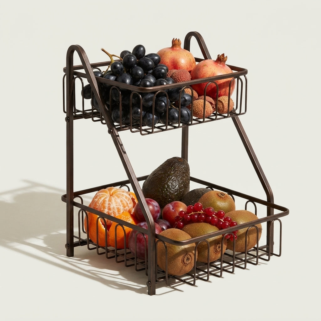 Premium 2-Tier Metal Wire Fruit Basket – Countertop Produce Organizer