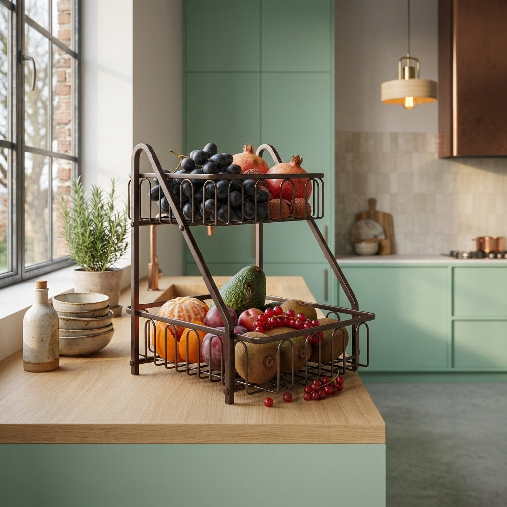 Premium 2-Tier Metal Wire Fruit Basket – Countertop Produce Organizer