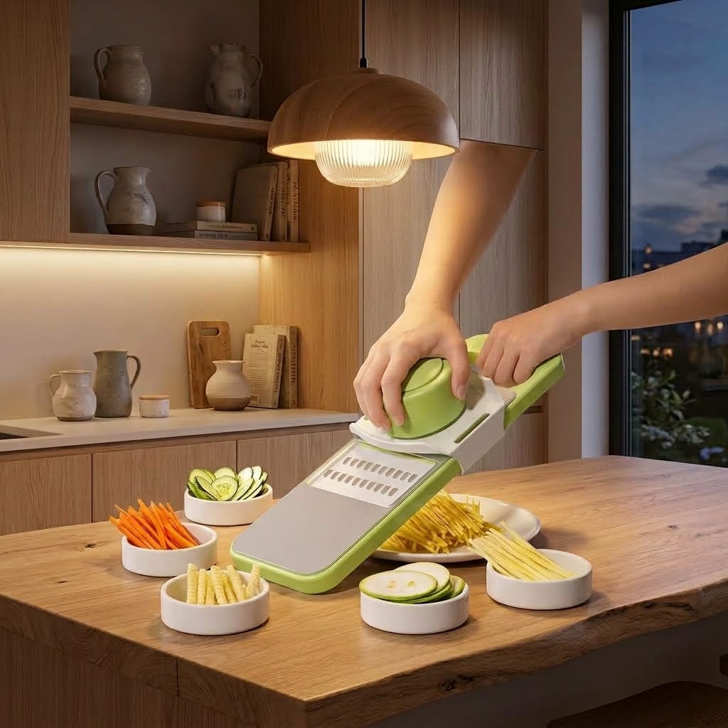 5-in-1 Multifunctional Vegetable Cutter & Mandoline Slicer – Safe Press Design with Interchangeable Blades