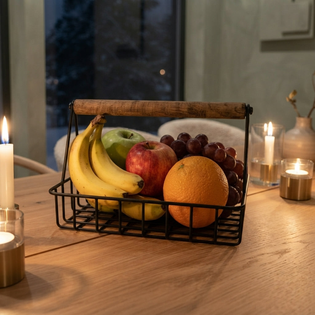 Nordic Wood & Metal Fruit Basket Small